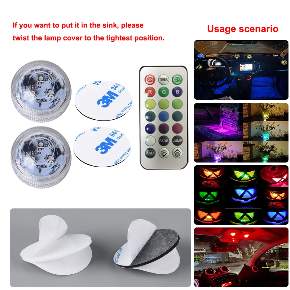Adhesive LED Car Interior Ambient Light Remote Control Decor Auto Roof Bicycle Tail Light Vase Pool Atmosphere RGB Night Lamp