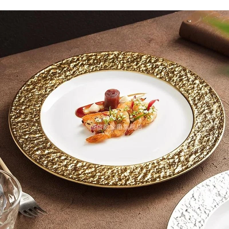 Electroplated Ceramic Flat Plate Restaurant Stone Pattern Dessert Sushi Steak Plates Specialty Tableware