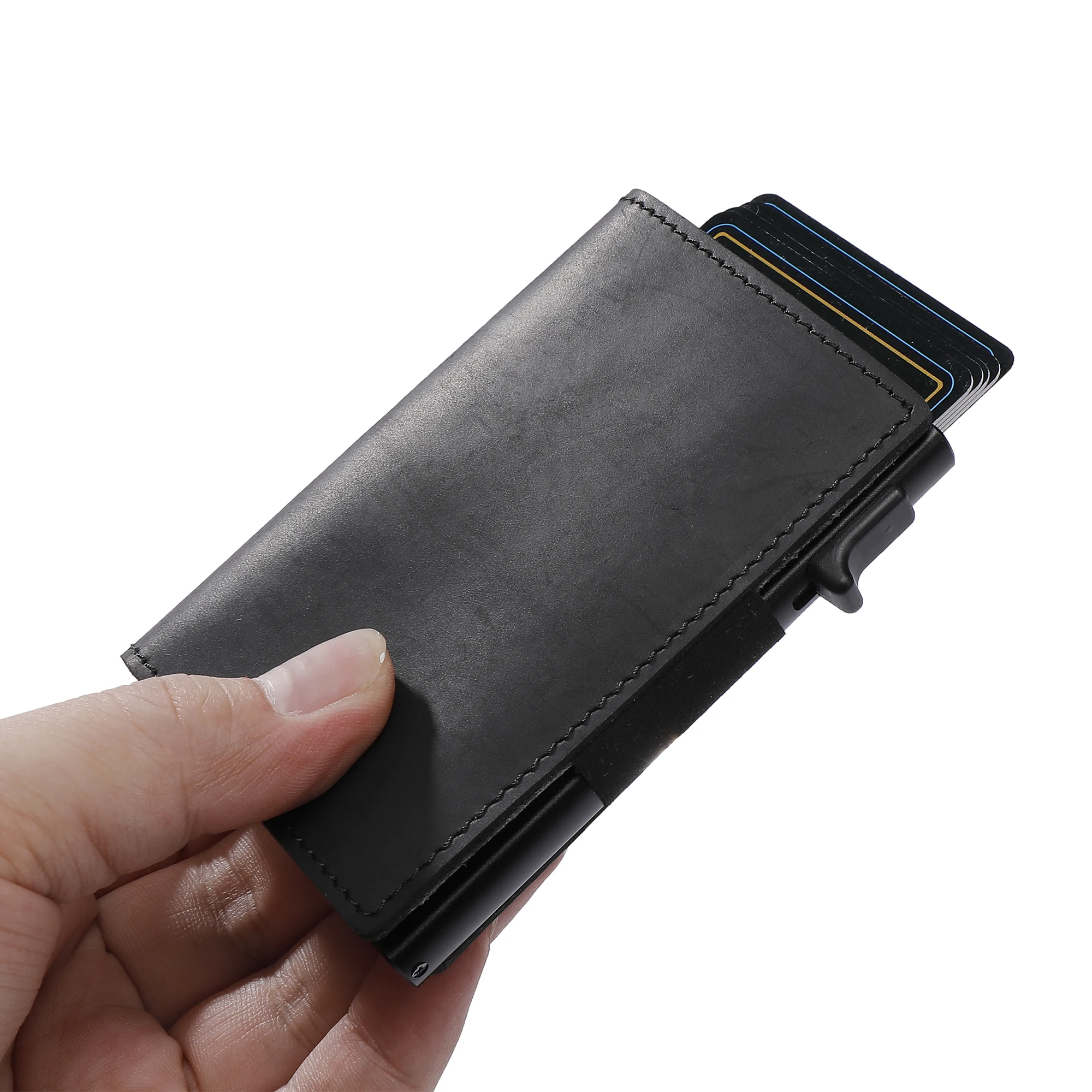 Genuine Leather Wallet For Men Multifunctio Upscale Side Push Pop Up Card Case With AirTag Cover Large Capacity RFID Protection