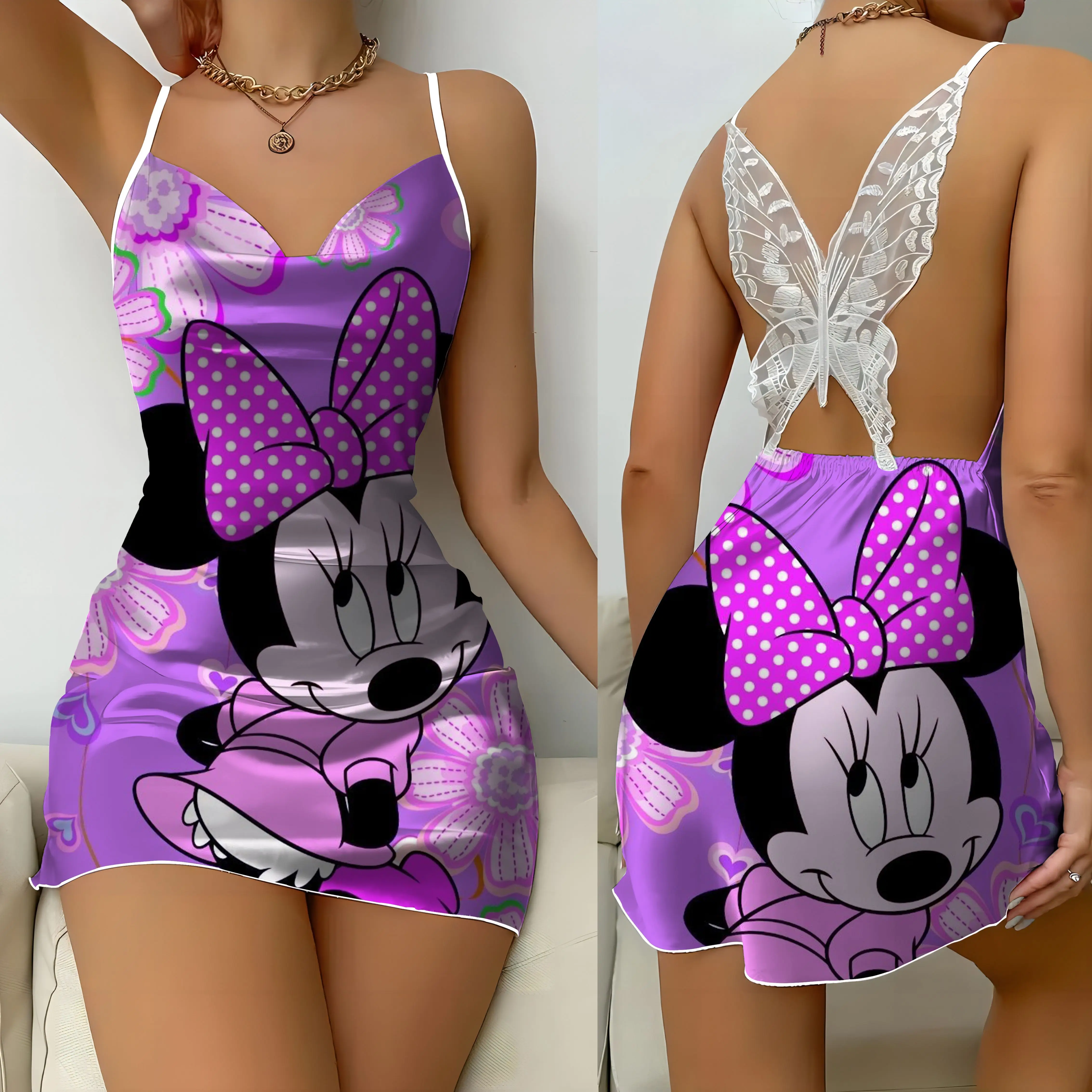 Sukienki imprezowe Spódnica piżamowa Koronkowa sukienka Mickey Minnie Mouse Disney Bow Knot Satin Surface Moda damska Lato 2024 Mini Sexy New