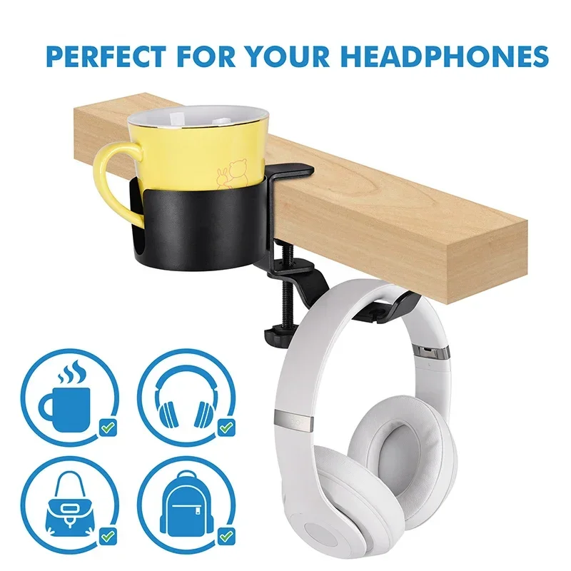 

Desk Cup Headphone 2 In 1 Holder Universal Gaming Headset Hanger Mount Desktop Computer Fixed Cup Holder Drink Mug Rack