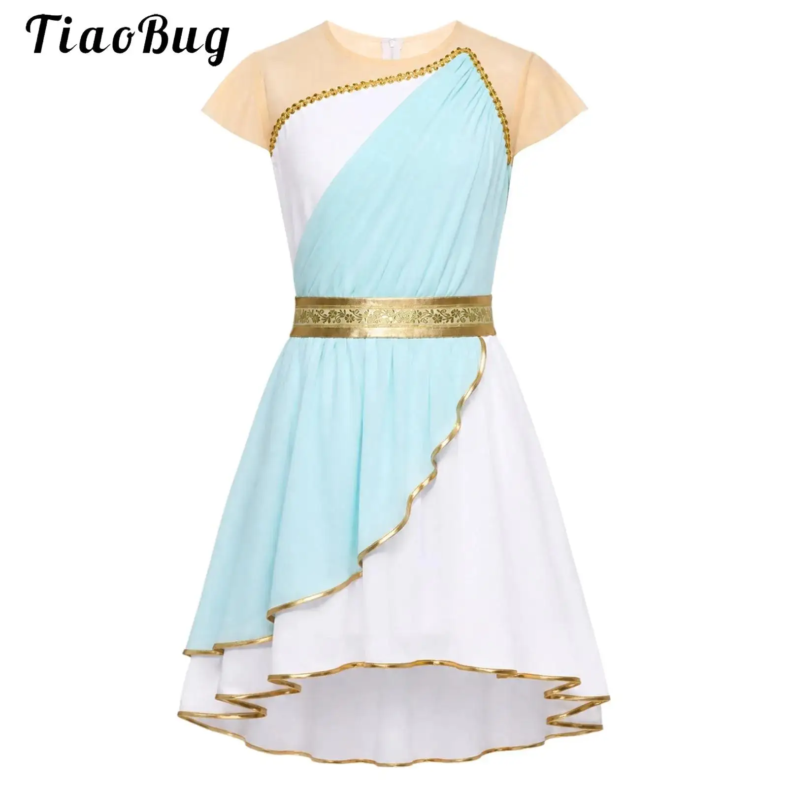 Girls Athena Costume Short Sleeve Mesh Metallic Greek Princess Ancient Greece Roman Toga Dress for Halloween Worship Choir Robe