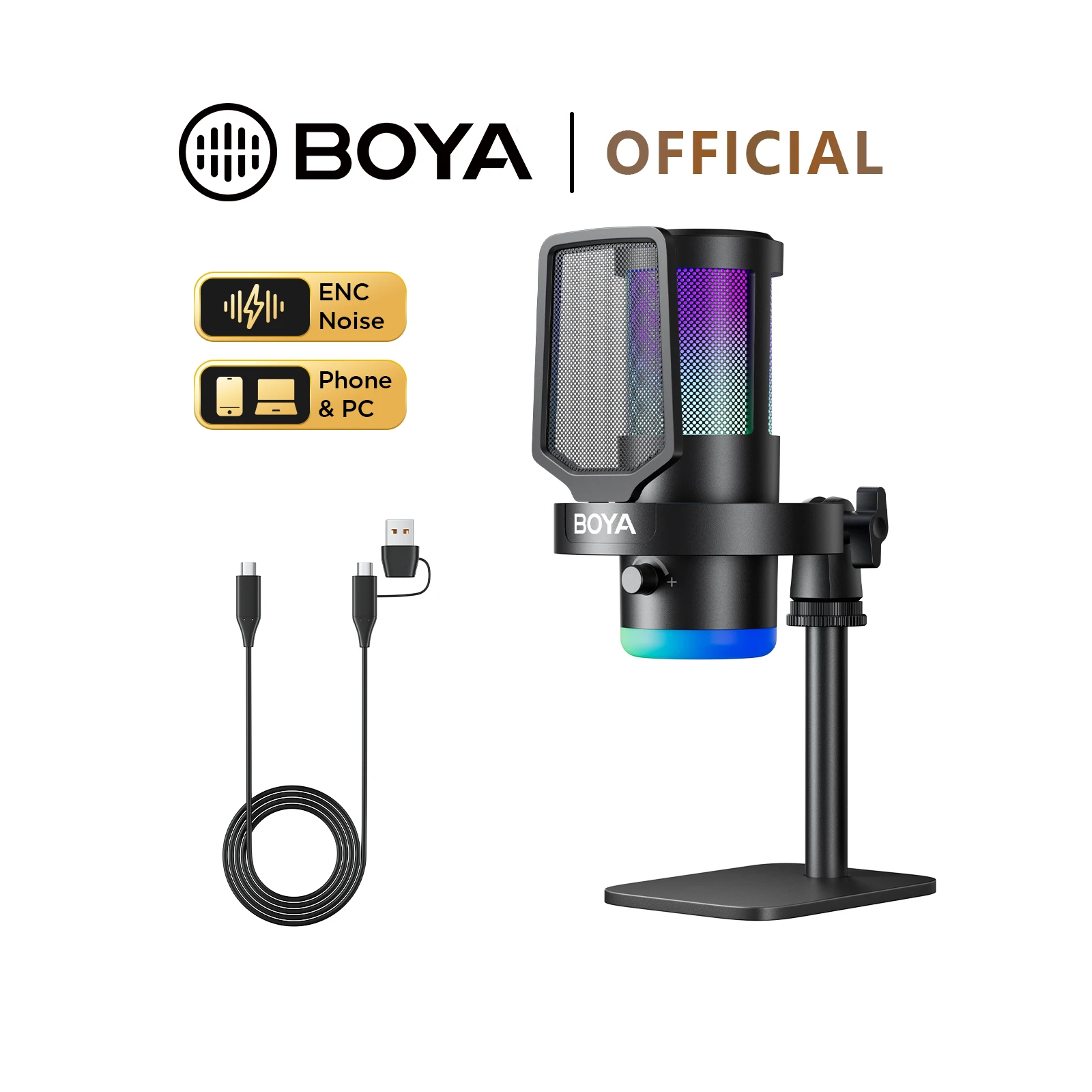 Microphone de jeu USB RGB BOYA CastMic G30 avec suppression du bruit, microphone de bureau avec bras, pour diffusion en direct sur PC et téléphone