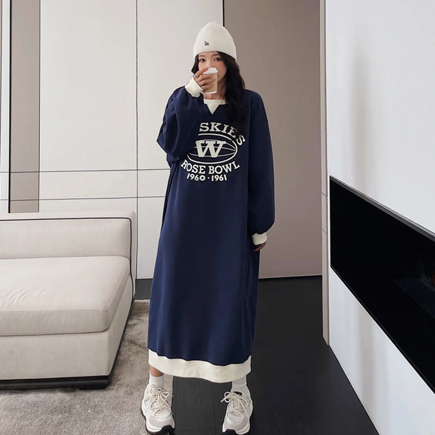 2023 New O-neck Pullovers Autumn Winter Thin Fashion Loose Long Dress Streetwear Dresses Printing Young Style Women\'s Clothing