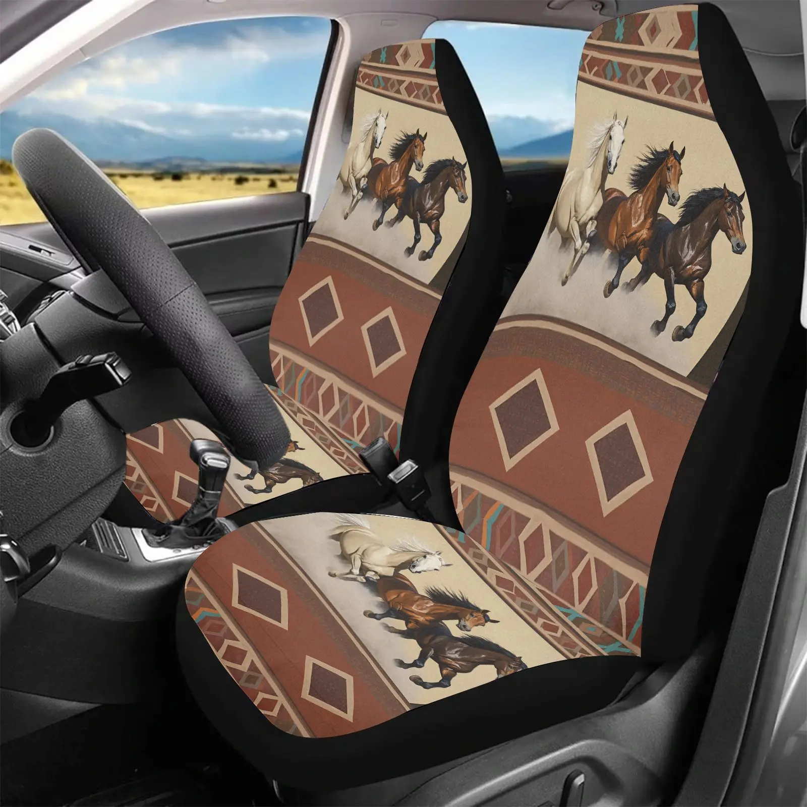 Car Seat Covers Brown And Beige Horse Pattern With Tribal Design For Vehicle Interior Decoration