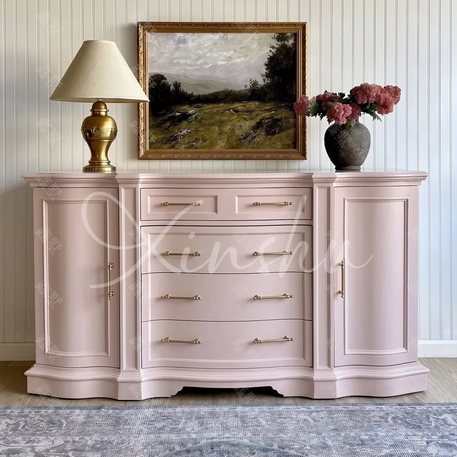 Gentle girl pink French retro chest curved side cabinet bedroom storage cabinet large capacity American entrance dining