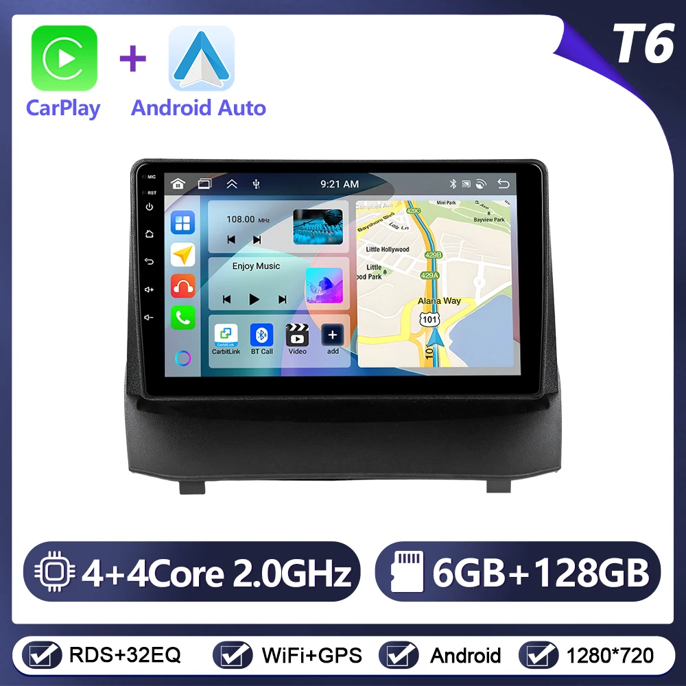 Podofo Draadloze CarPlay Android Auto Autoradio voor Ford Fiesta 2009-2014 Intelligent Autosysteem 6 + 128G WIFI GPS Autostereo