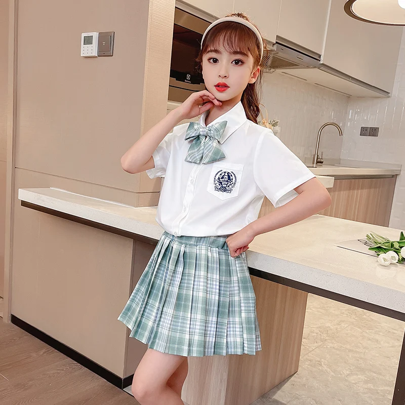 summer kid girls JK clothes set cotton white shirt+Tie tie+Plaid skirt 3pcs junior kids suit teen junior child outfits conjuntos