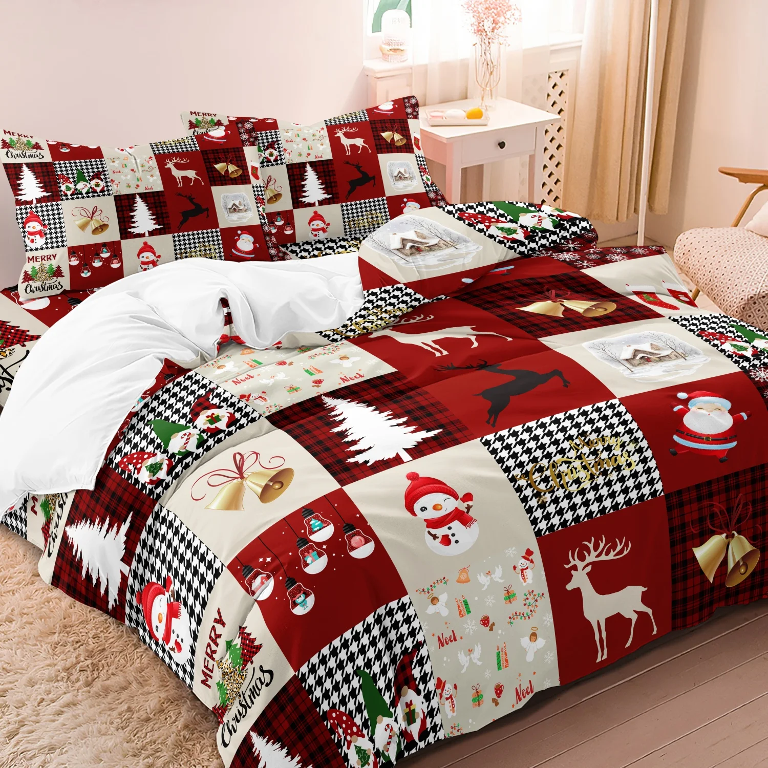 3pcs Buffalo Plaid & Houndstooth Bedding Duvet Cover Set, Holiday Season Bedroom Decor, Ultra-Soft And Comfortable Material