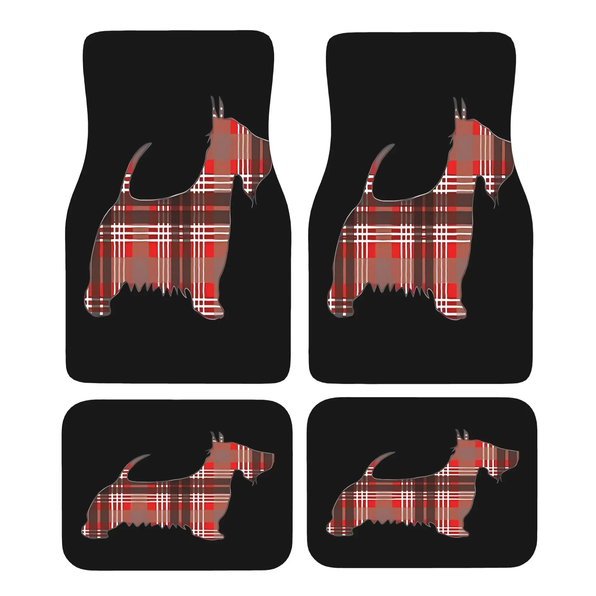 4pcs Tartan Scottish Terrier Dog Silhouette Car Floor Mats | Red, Black & White, Durable Polyester, Fits Most Vehicles, Ideal Fo