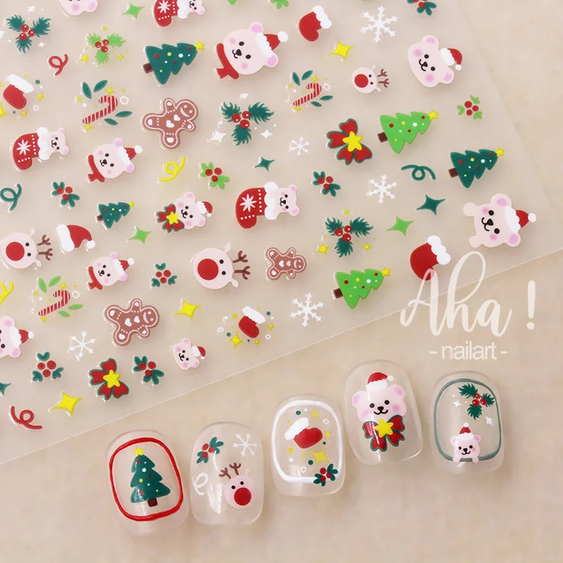 1 hoja de pegatinas navideñas 3D para uñas, muñeco de nieve de invierno, copos de nieve, calcomanías artísticas para uñas, alce, Papá Noel, deslizadores navideños, suministros de manicura