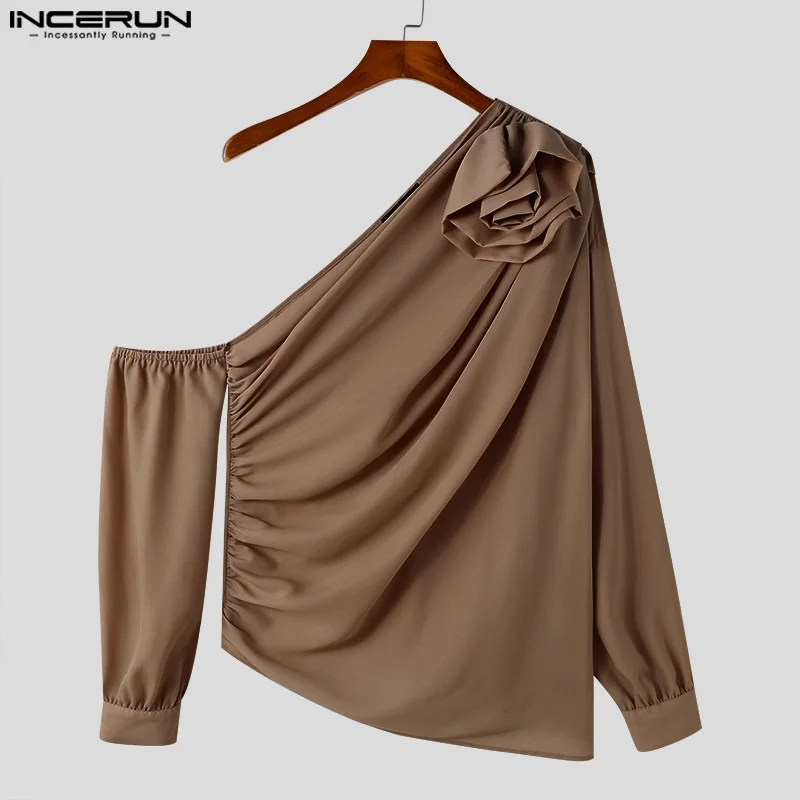 Stylish Sexy Tops INCERUN 2024 Men Chiffon Sloping Shoulder T-shirt Casual Party Shows Male Hot Sale Long Sleeved Camiseta S-5XL