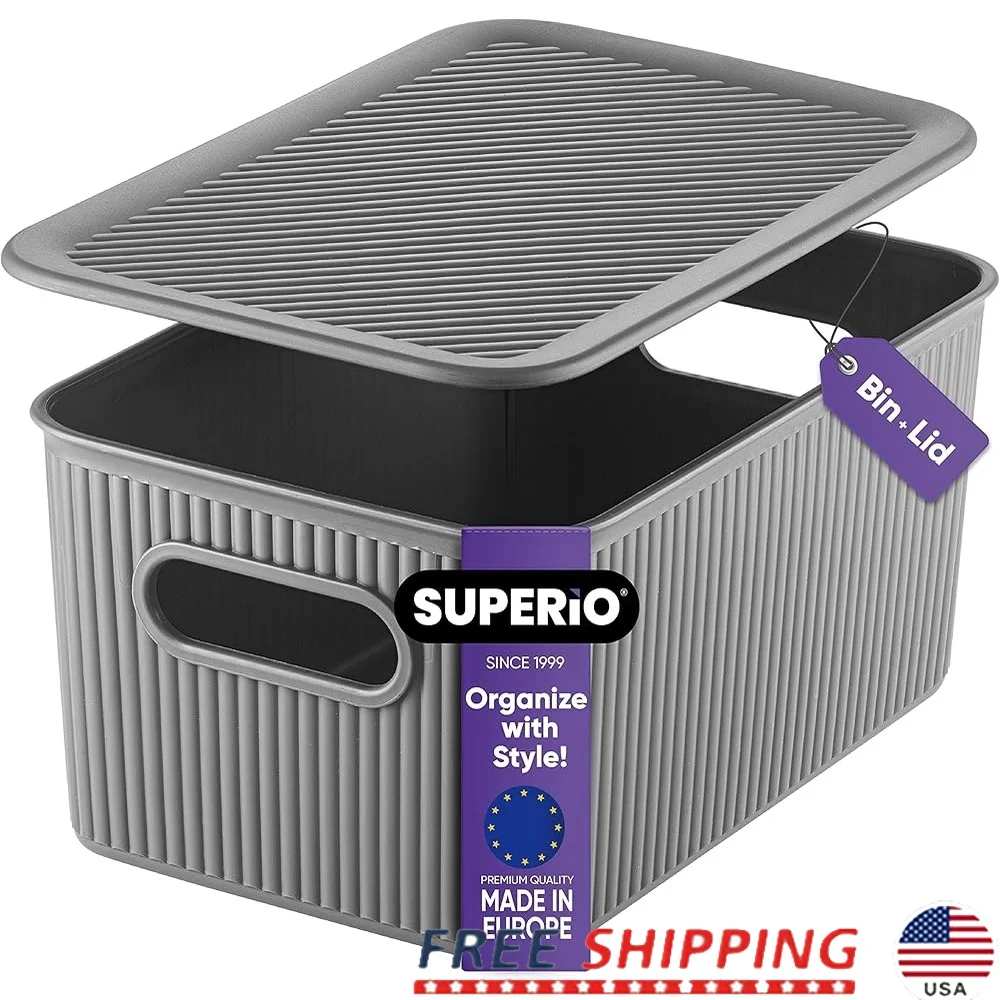 

Decorative Plastic Storage Bins Organizer Stackable Home Baskets Medium Grey 5L with Lid Handles Versatile Laundry Room Office