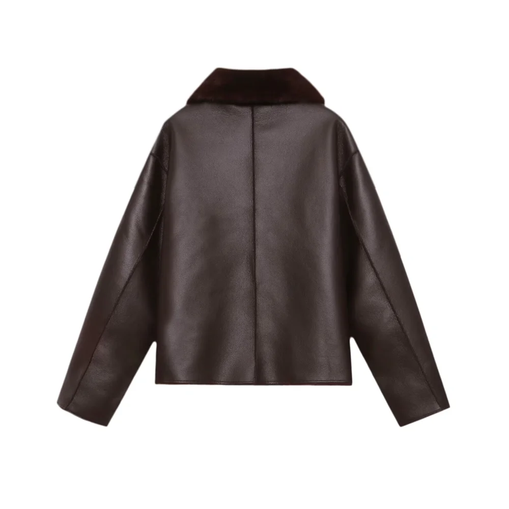 เสื้อแจ็คเก็ตหนังเทียม PU สองด้าน แขนยาว ปกพับ สไตล์ลำลองสำหรับผู้หญิง คอลเลคชั่นฤดูหนาว 2025
