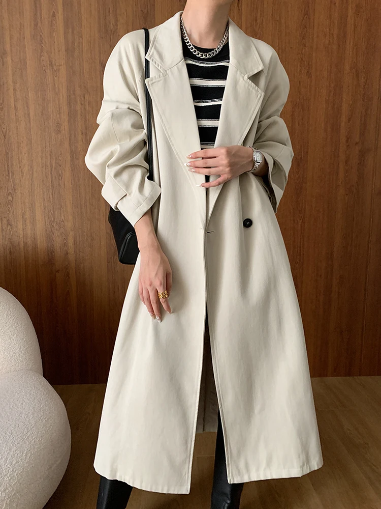 [EAM] Women Beige Belted Big Size Long Elegant Trench New Lapel Long Sleeve Windbreaker Fashion Tide Spring Autumn 2024 1DH6599