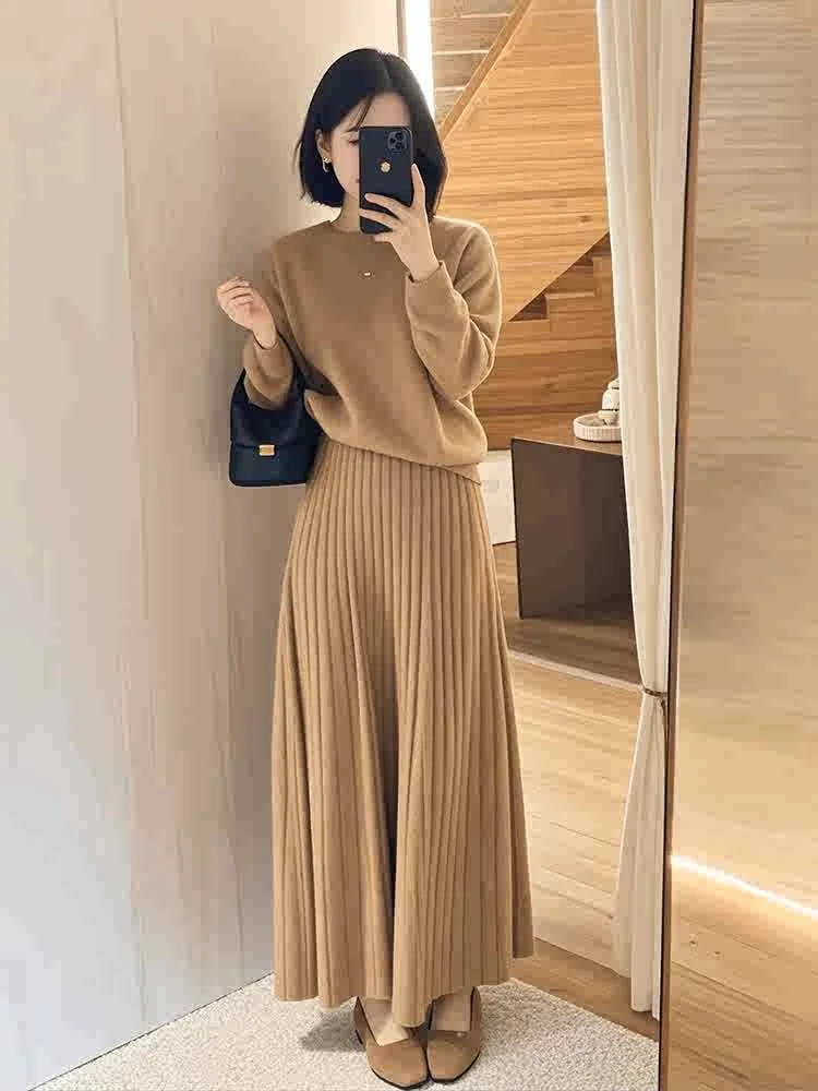

New Women's Autumn Winter Brown O Neck Pullover Knitted Sweater Top And High Waist Pleated Half Long Skirt Fashion Two-piece Set