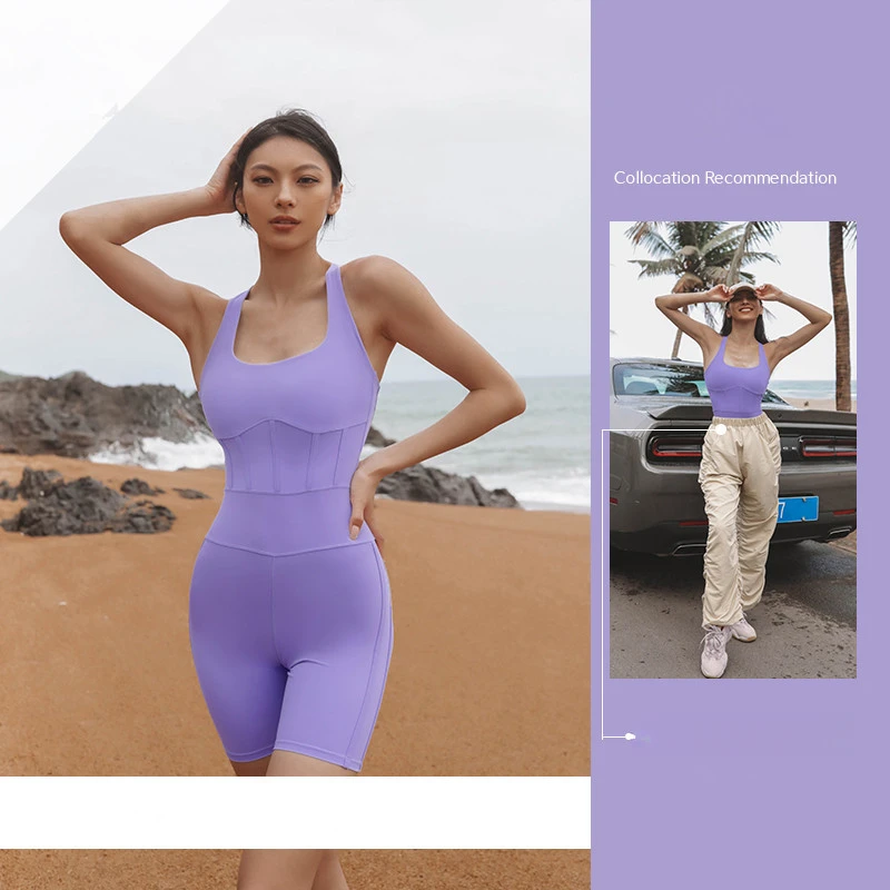 FUBEIKE Jumpsuits Shorts One-Piece Workout Clothes Back Cross Sports Yoga Suit Fishbone Belly Contracting Hip Lifting Jumpsuit