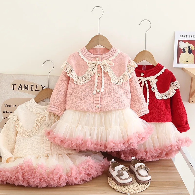 

Girls Clothes Sets Spring Autumn Children knitted Sweaters Coat Tutu Skirts 2pcs Party Dress Suit For Baby Costume Kids Outfit