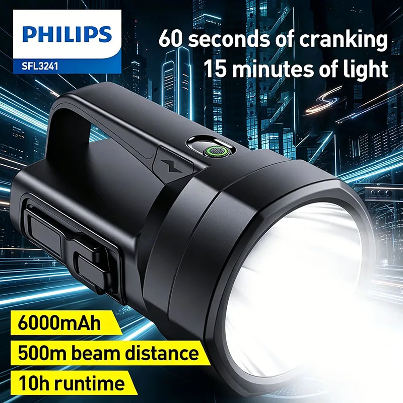 

Фонарь Philips 3241 с 5 режимами работы, ручным приводом, аварийным освещением, перезаряжаемый, с 10-часовым временем работы от батареи, для кемпинга и активного отдыха на природе.