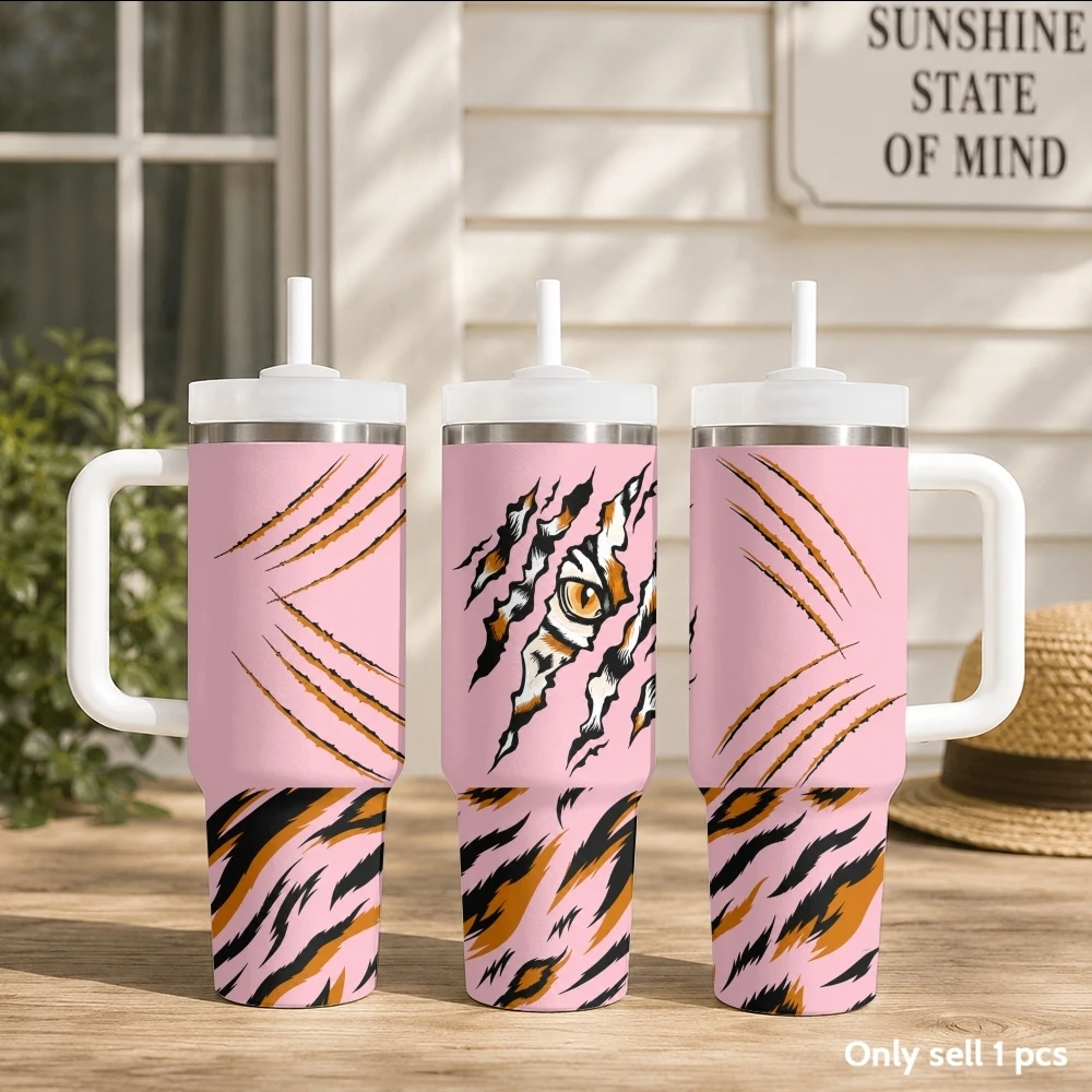 

Tiger Scratch Design Vacuum Flasks 40oz Stainless Steel Insulated Tumbler with Handle & Straw Leakproof Travel Mug