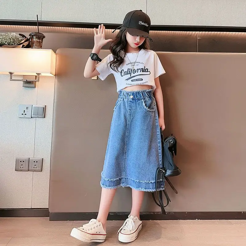 Kids Girls Tassels Mid Length Skirt 2025 New Teenage Girls Casual Denim Jean Skirts Spring Summer Clothing Japanese Korean Style