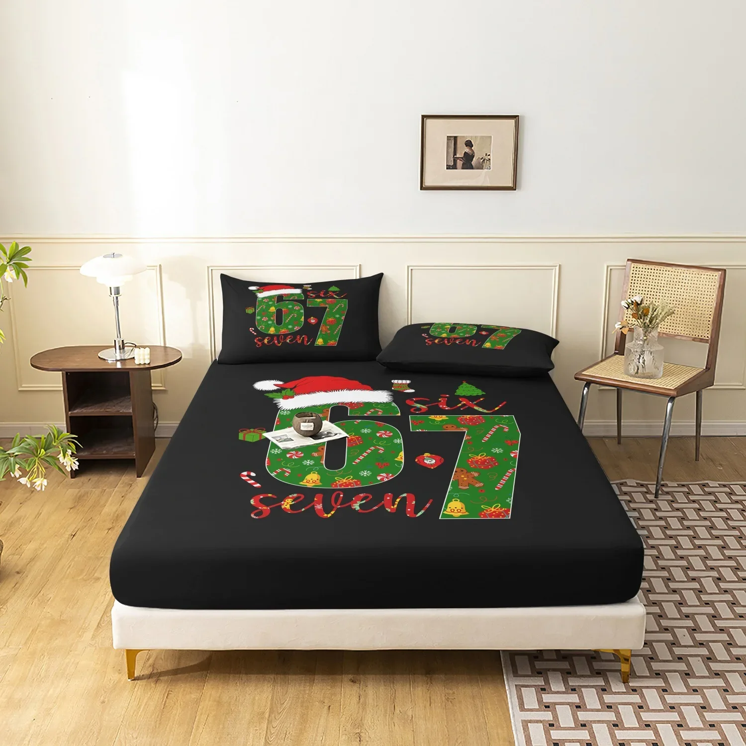 Christmas 3D Printed Fitted Sheet Mattress Cover Santa Hat Candy Cane Single Double Holiday Festive Home Textile Gift