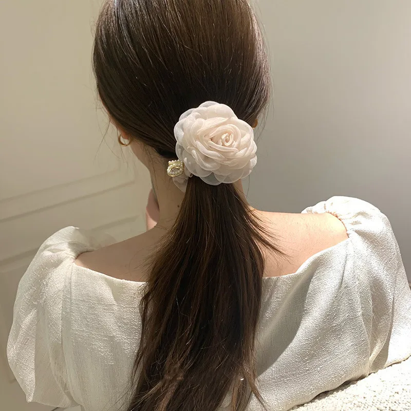 Big Camellia Scrunchies for Hair Elastic Hair Ties Hair Bands Hair Ropes Floral Hair Accessories for Women and Girls