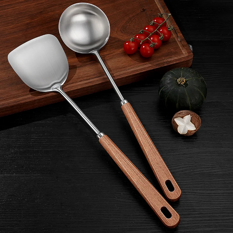 

Luxury LFGB Certificate 316L Stainless Steel Wood Handle Kitchen Spatula Set Spoon Silicone Spatula for Family Cooking Tool