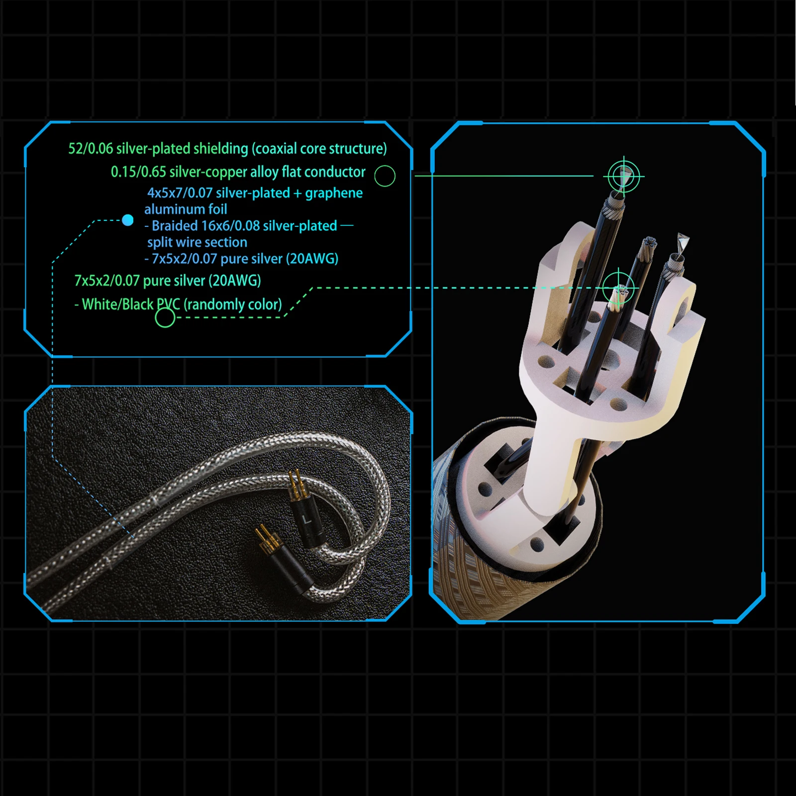 Kabel słuchawkowy Yongse A-melody z amortyzacją wibracji, kompozytowa konstrukcja 4+2 żył, rezonans dwumateriałowy.