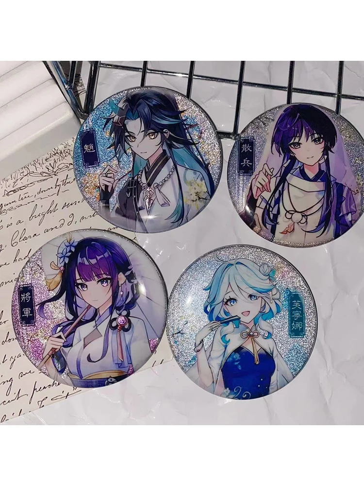 Neue Glänzende Genshin Impact Furina Xiao Raiden Shogun Scaramouche Pins Cosplay Anime Weißblech Abzeichen Studenten Freunde Geschenke – Detail 1