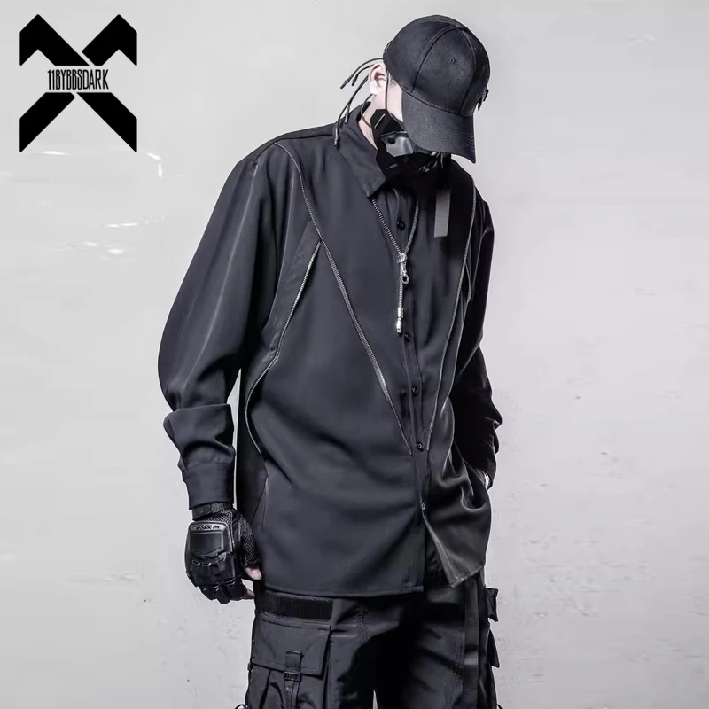 

Черная мужская рубашка 2025 года, дизайнерские рубашки на молнии с длинными рукавами в стиле пэчворк, рубашка-карго в стиле Харадзюку, топы, Techwear