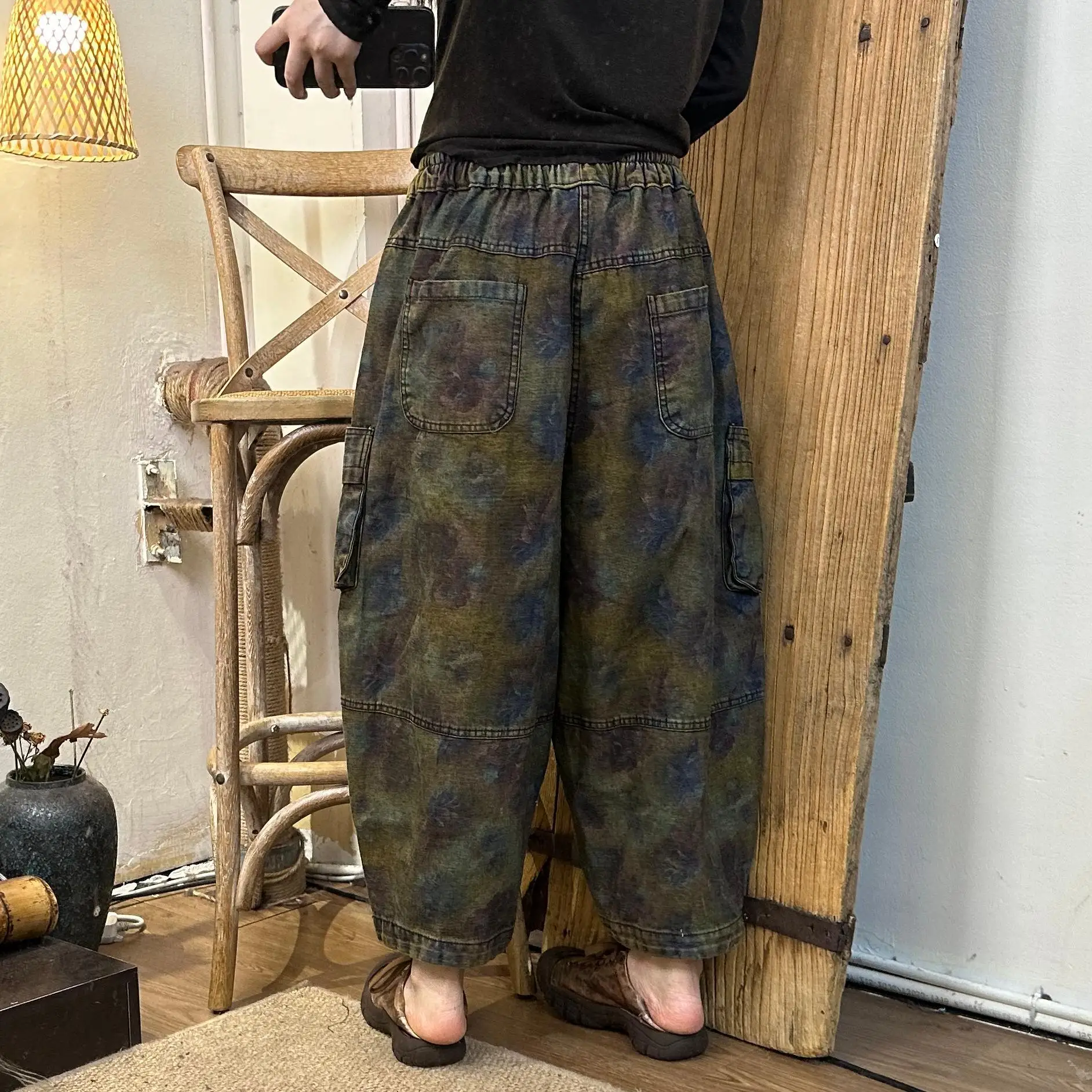 2024 Autumn New Casual Versatile Printed Stir Fry Color Two Side Large Pocket Workwear Jeans LX2212
