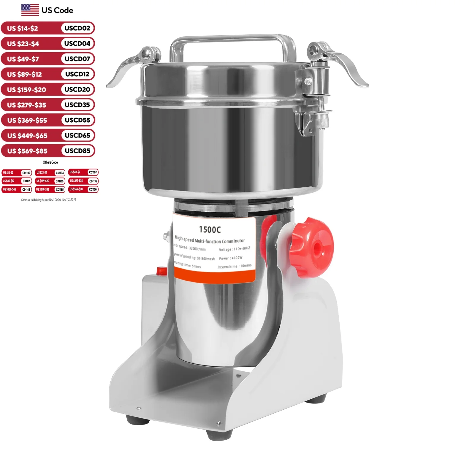 

4100W kitchen Tabletop Grain Mill Machine 30000r/min Multi-function Cereals Grinder Grain Capacity About 1000g/2.2lbs
