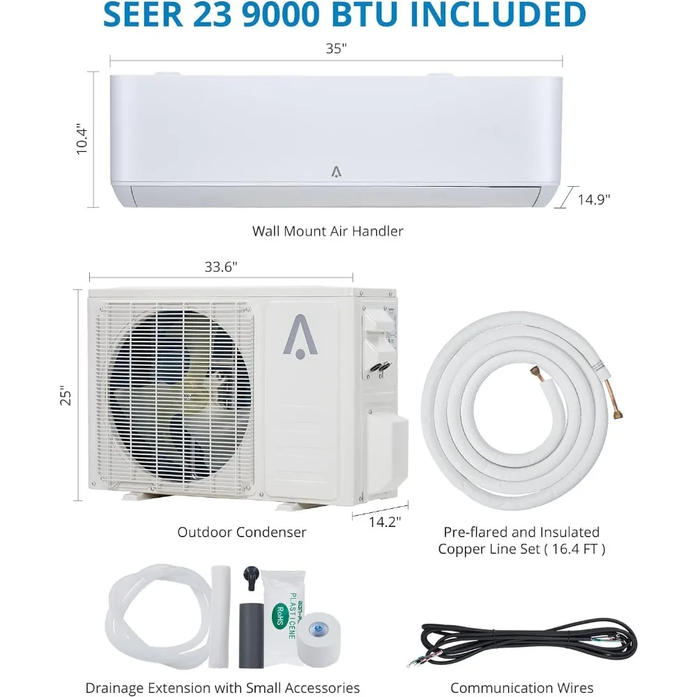 Mini aire acondicionado dividido de 9000 BTU, sistema de calefacción/CA mini dividido 23 SEER2, aire acondicionado sin conducto inversor con WiFi