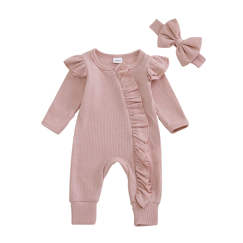 Baby Girl 2Pcs Fall Outfits Ruffle Long Sleeve Waffle Jumpsuit with Headband Set Newborn Clothes