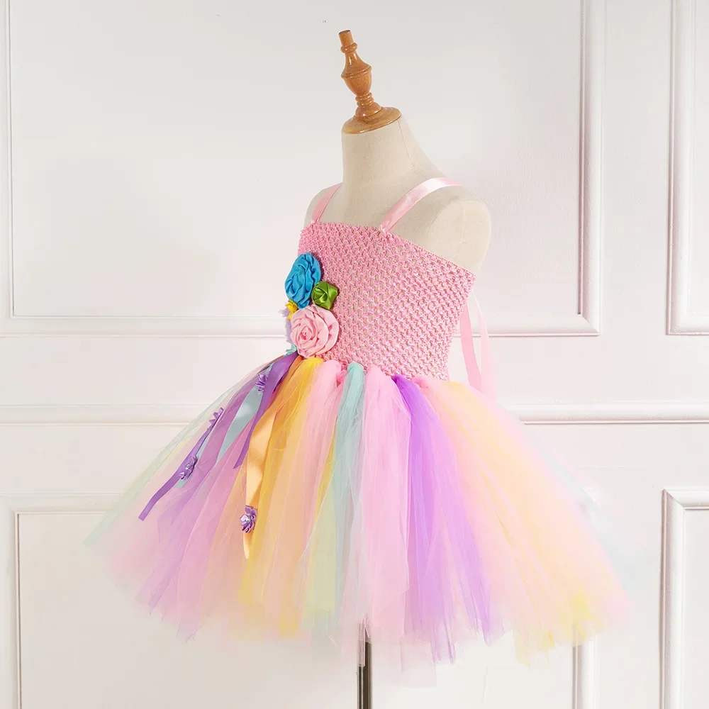 Pastel Rainbow Flower Girls Fairy Tutu Dress Children Birthday Party Princess Dress Ball Gown Kids Halloween Pixie Fairy Costume