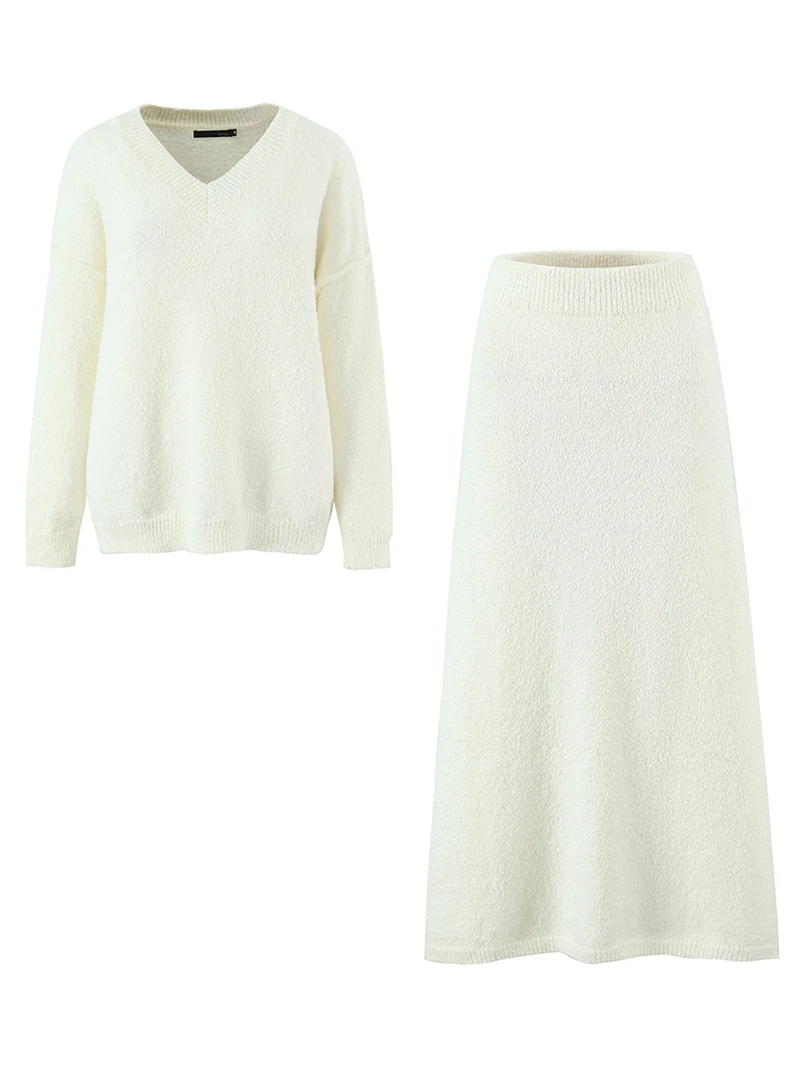 TWOTWINSTYLE solide décontracté deux pièces ensemble pour les femmes col diagonale à manches longues haut taille haute jupe longue costume femme nouveau Style