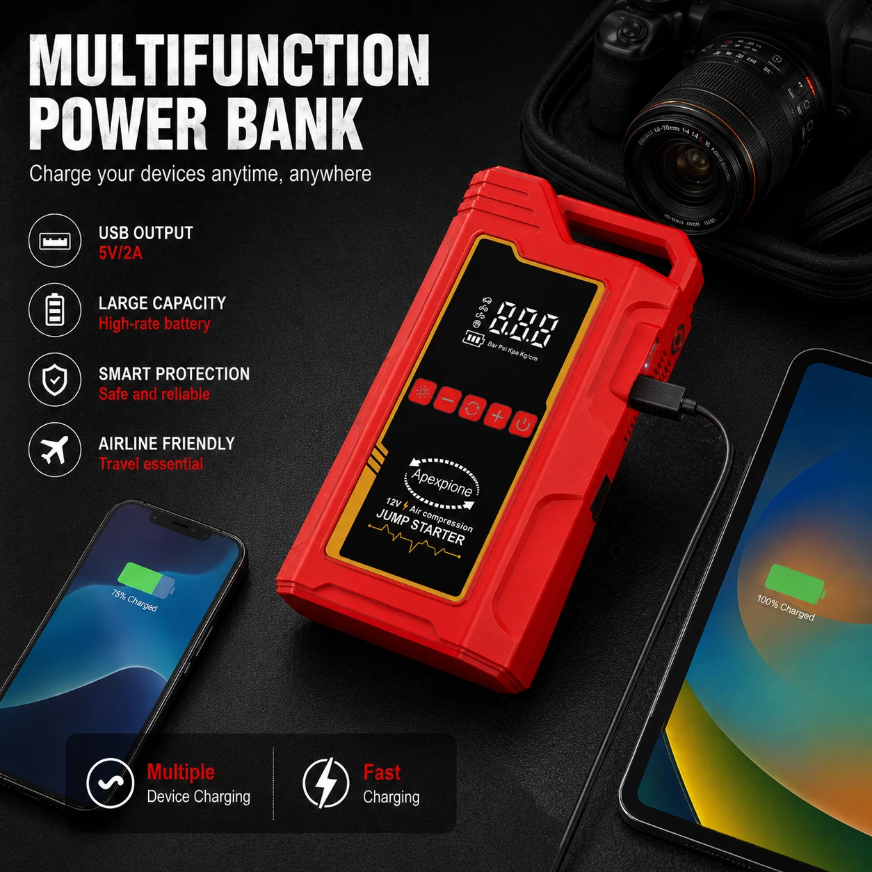 20,000A Peak Portable Car Emergency Starter Air Compressor with 250PSI Tire Inflation Function, Portable Battery Booster Pack, Featuring Emergency Start, Tire Inflation, USB Input/Output, LED Lighting, LCD Digital Display - A Multi-functional Automotive R