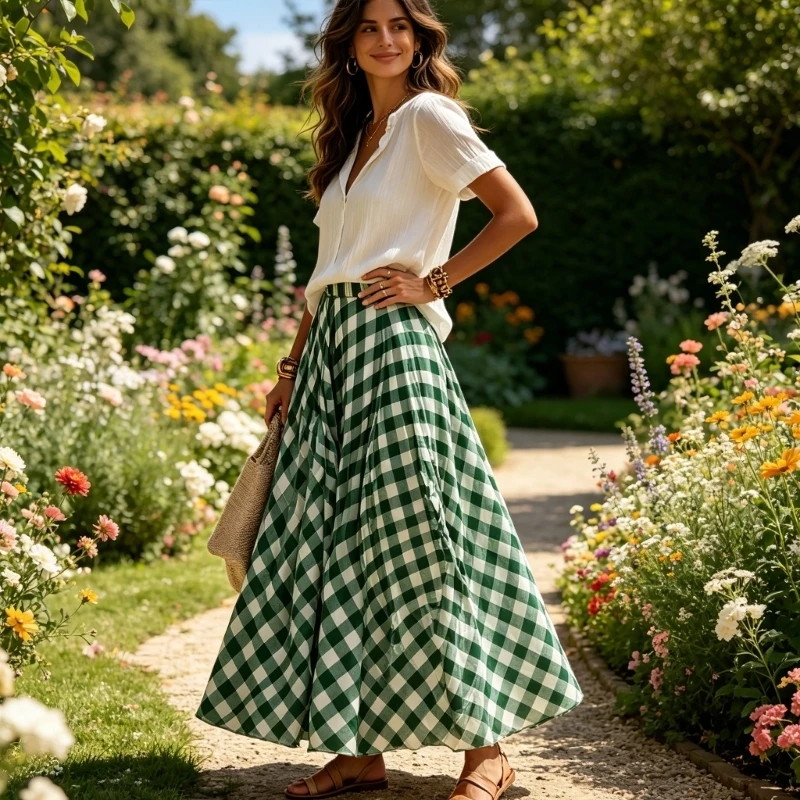 Womens Pleated Plaids Skirt Soft Fabric High Waist A Lline Swing Maxi Long Skirt For Daily Wear Or Special Event