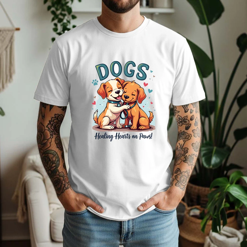 New Summer Men's 100% Cotton T-Shirt Adorable Puppies with Stethoscopes Casual Breathable Short Sleeve Daily Wear