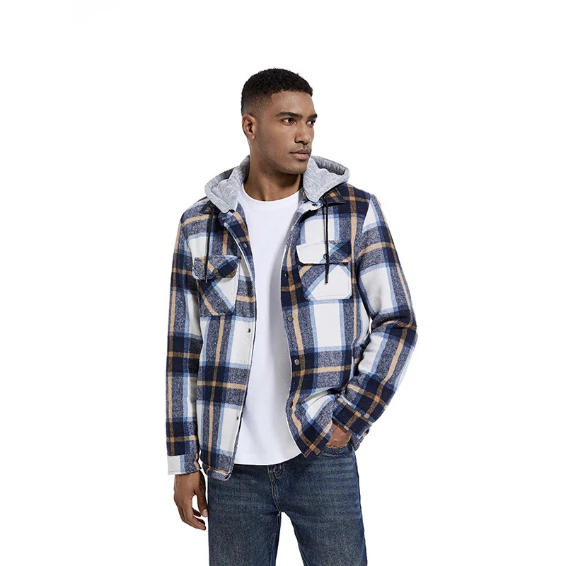 

Young Men's Checked Woolen Jacket, New Style for Autumn and Winter, Fleece-lined British Style Hooded Outdoor Casual Coat M-3XL