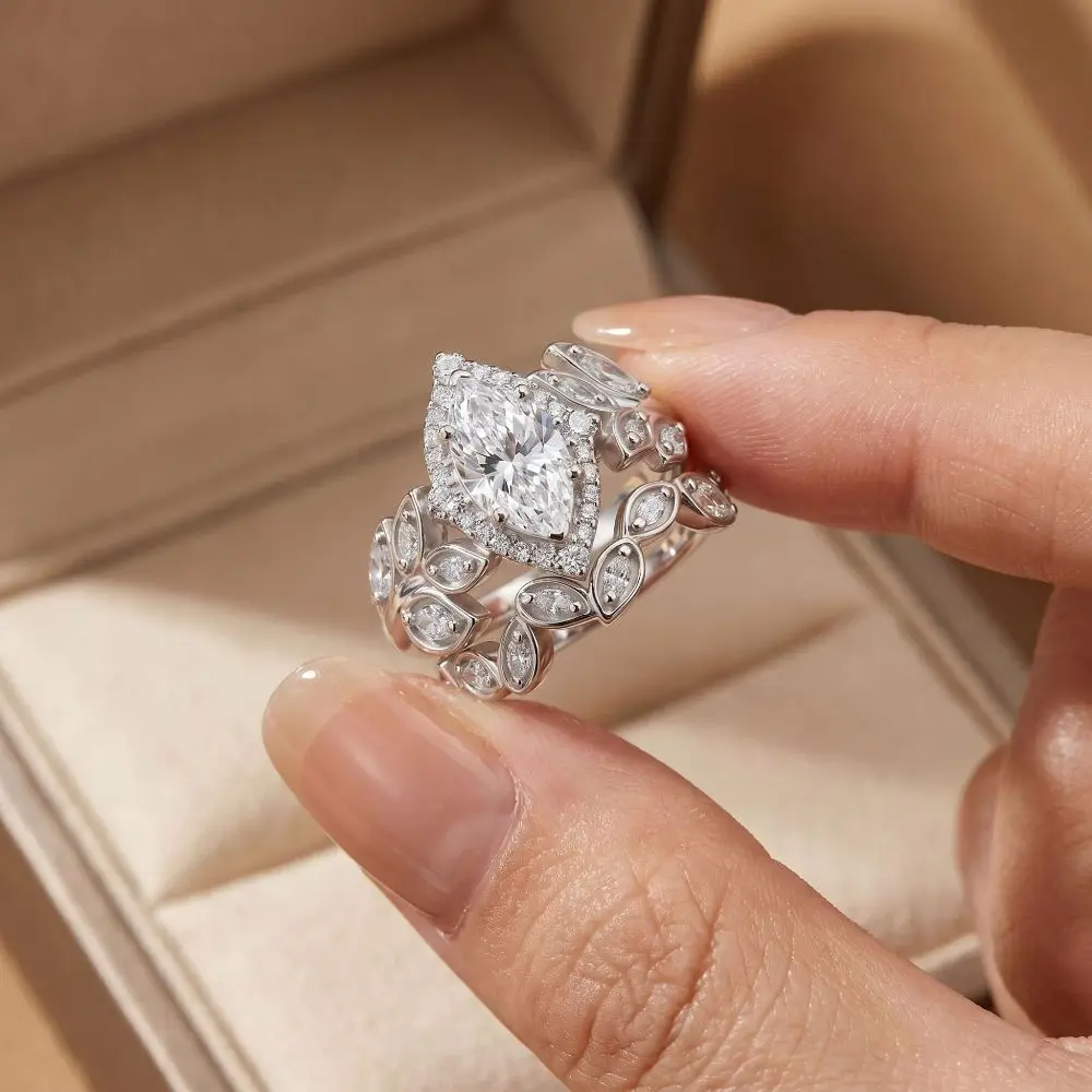 

Apaison Exquisite 6x12mm 2 Carat Moissanites Ring Sets for Women-Wedding Engagement Anniversary 925 Sterling Silver Jewelry Gift