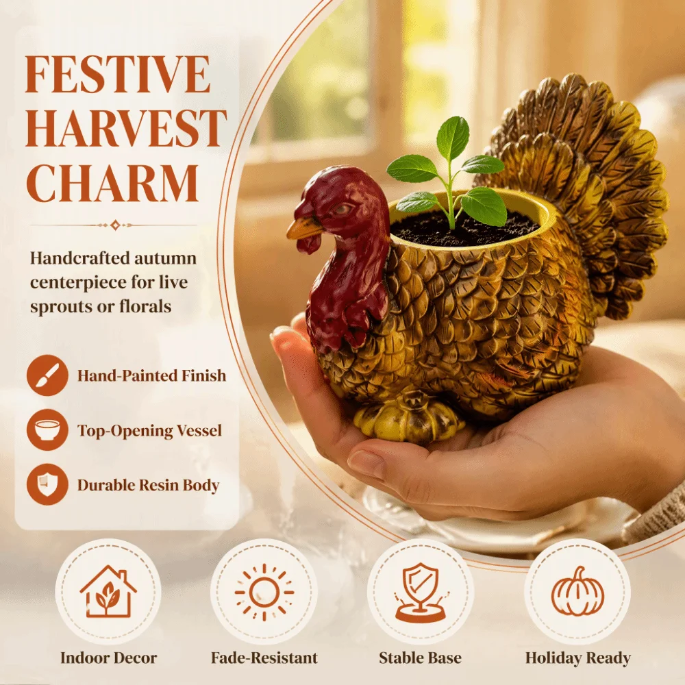 Fall Harvest Resin Turkey Planter Pot Top-Opening Weather-Resistant Fall Turkey Plant Holder Hand-Painted Raised Plumage Texture
