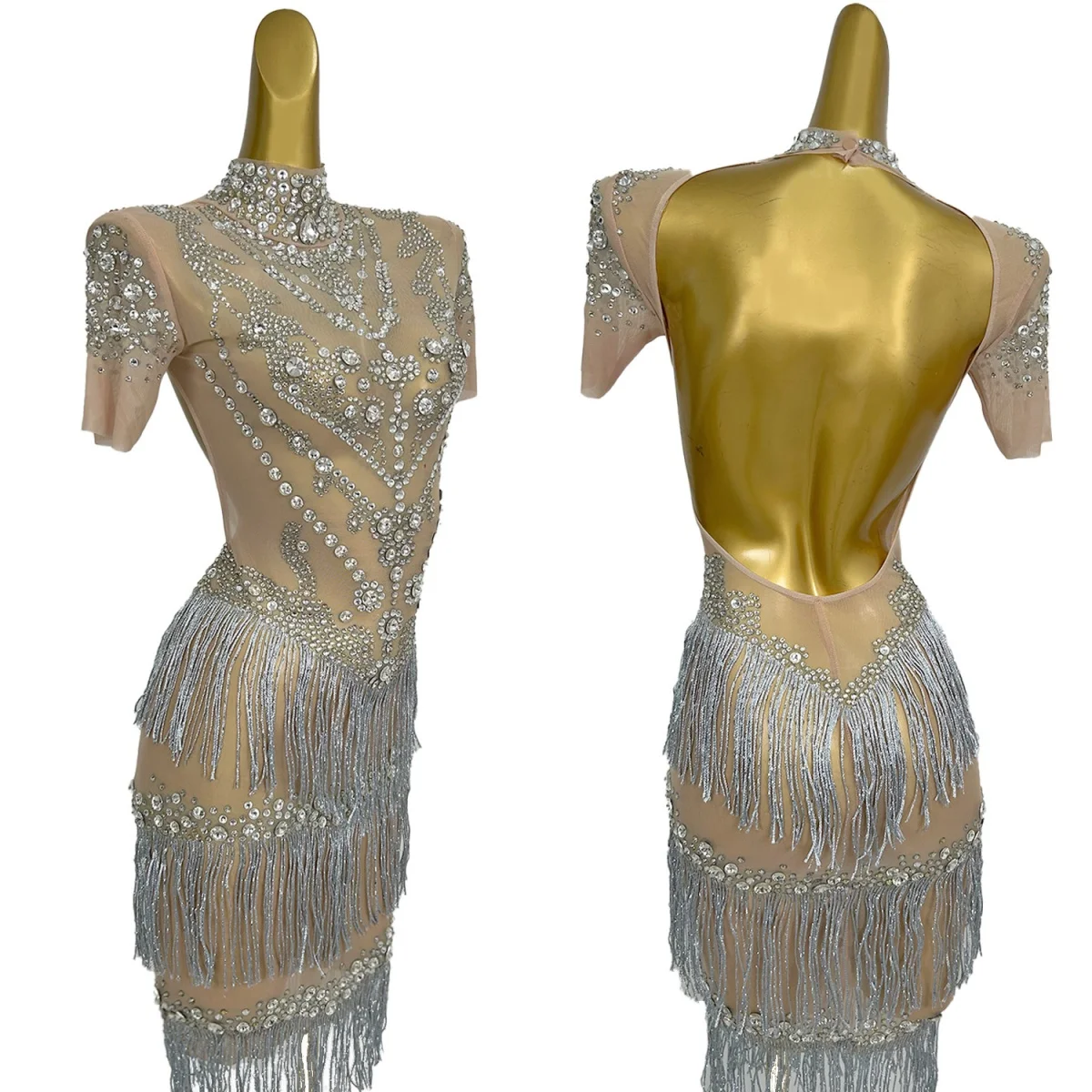

Sparkly Crystals Sequins Tassel Tight Fitting Mini Dress Women Sexy See Through Mesh Birthday Prom Evening Dress Dance Show Wear