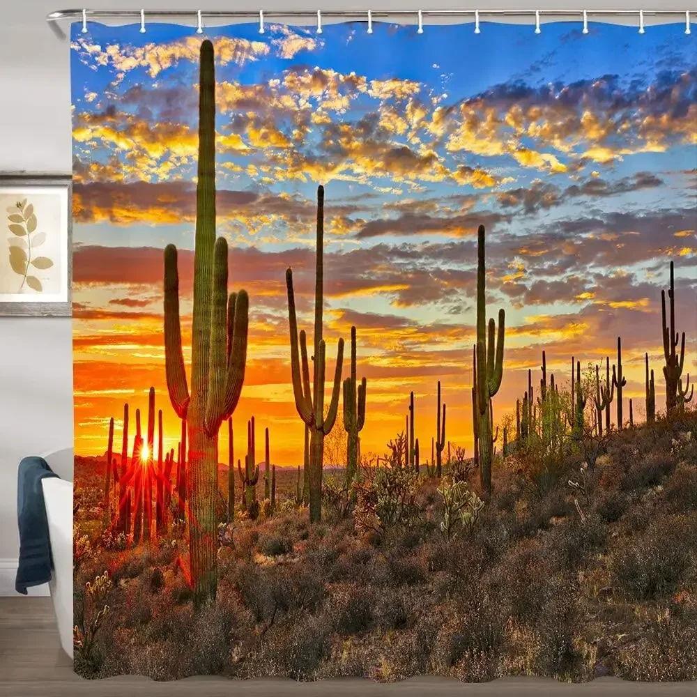 Cactus Bathroom Shower Curtains Sets Western Landscape Sunset in Sonoran Desert Near Dusk Natural Fabric Bath Curtain with Hooks