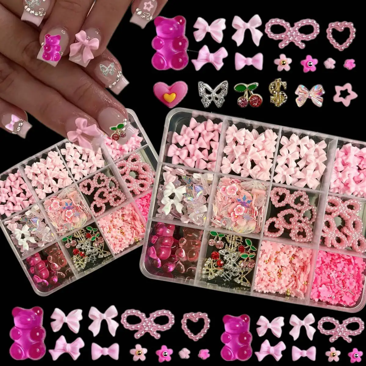 

1Box Translucent Little Bear Heart Tie Resin Nail Charms 3D Sweet Pink Bows Alloy Cherry Nail Art Accessories Handmade DIY Nails