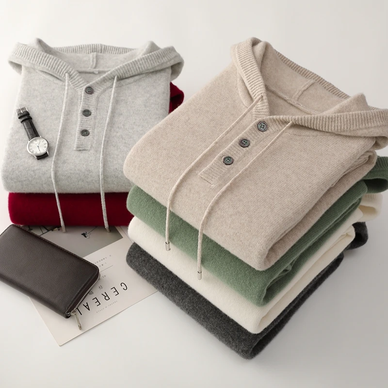 

Aliselect Men's 100% Merino Wool Sweater Hooded Collar Knitted Pullover Sweatshirt Autumn Winter Casual Large Tops Long Sleeved