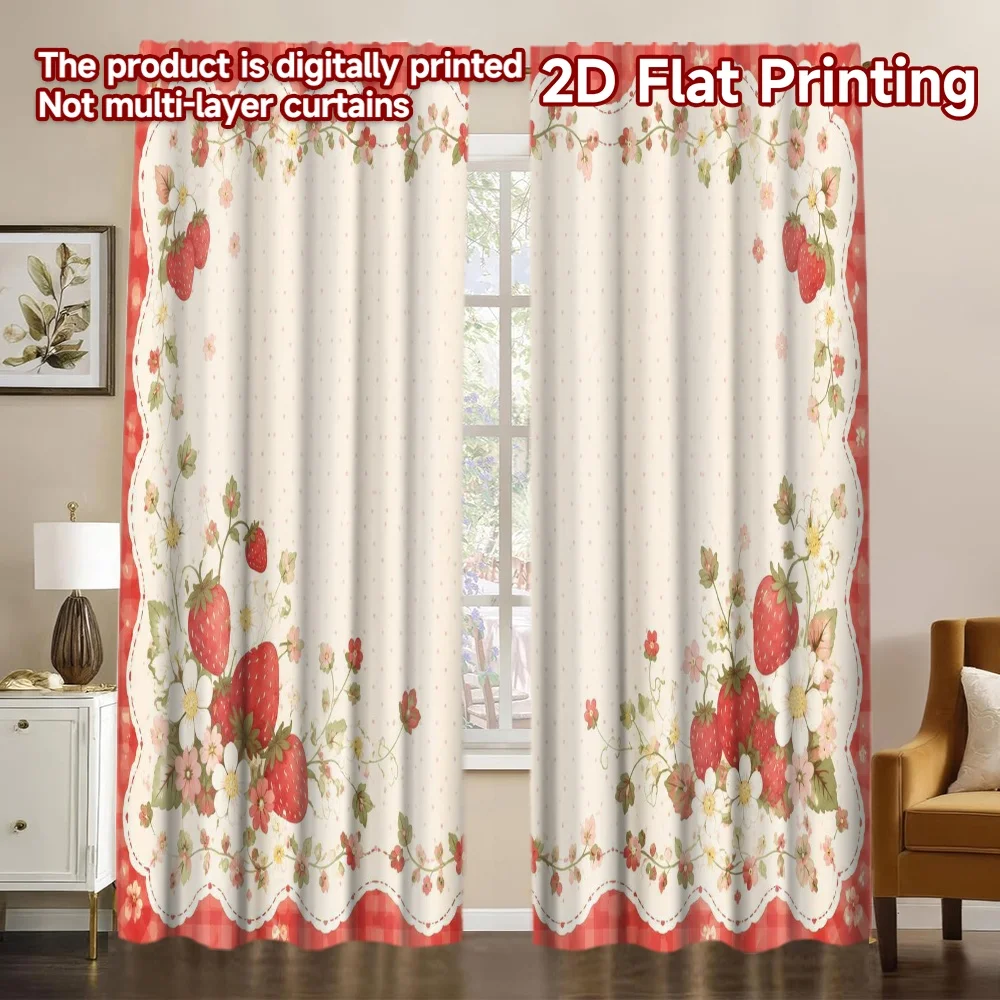 2D FLAT PRINTING 2pcs Curtains (Without Rod) Strawberries and Flowers Border Popular Curtains Digital Printed Versatile 100%