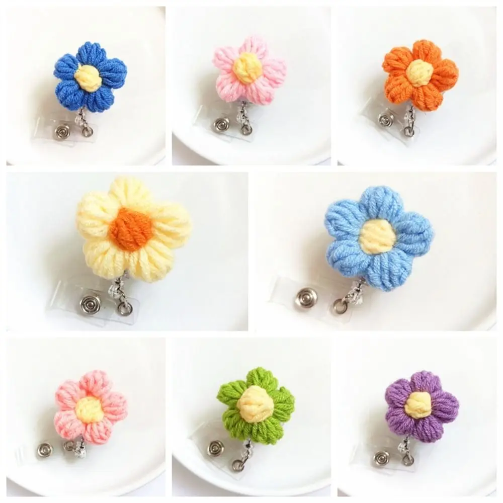 Kawaii Wool Nurse Badge Reel Knit Flora Name Tag Flower Badge Holder 3D Retractable Easy Pull Buckle Doctor Students