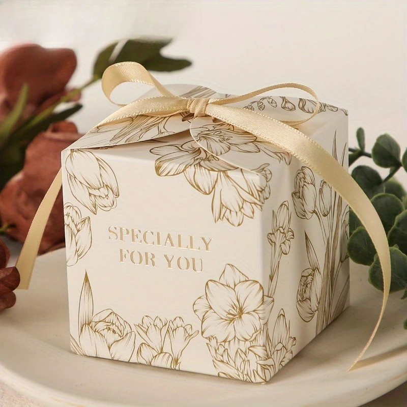 30/40/50pcs Floral Candy Gift Boxes with Ribbon Elegant Pastel Pink White Flowers Paper Gift Boxes for Wedding Birthdays Parties image 3